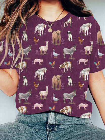 Farm Animals Print Casual Cozy T-Shirt artswardrobe