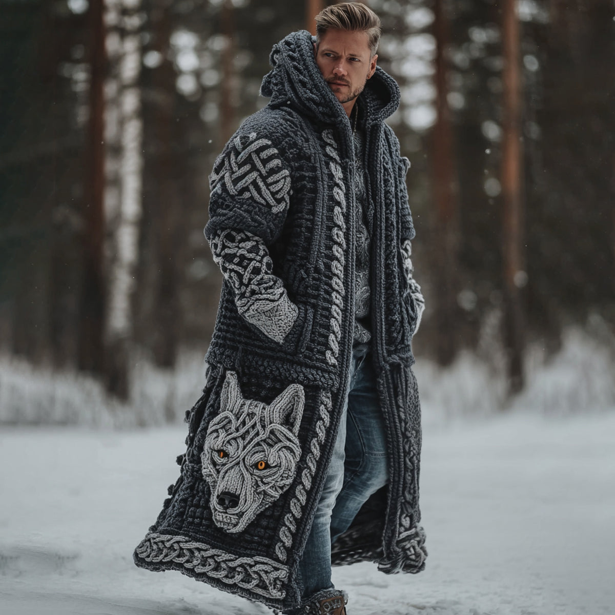 Men's Viking Style Celtic Knot Wolf Head Cardigan artswardrobe