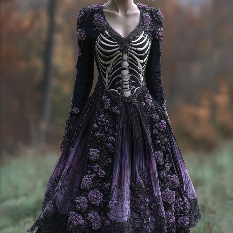 Comstylish Women's Halloween Skull Rose Dress