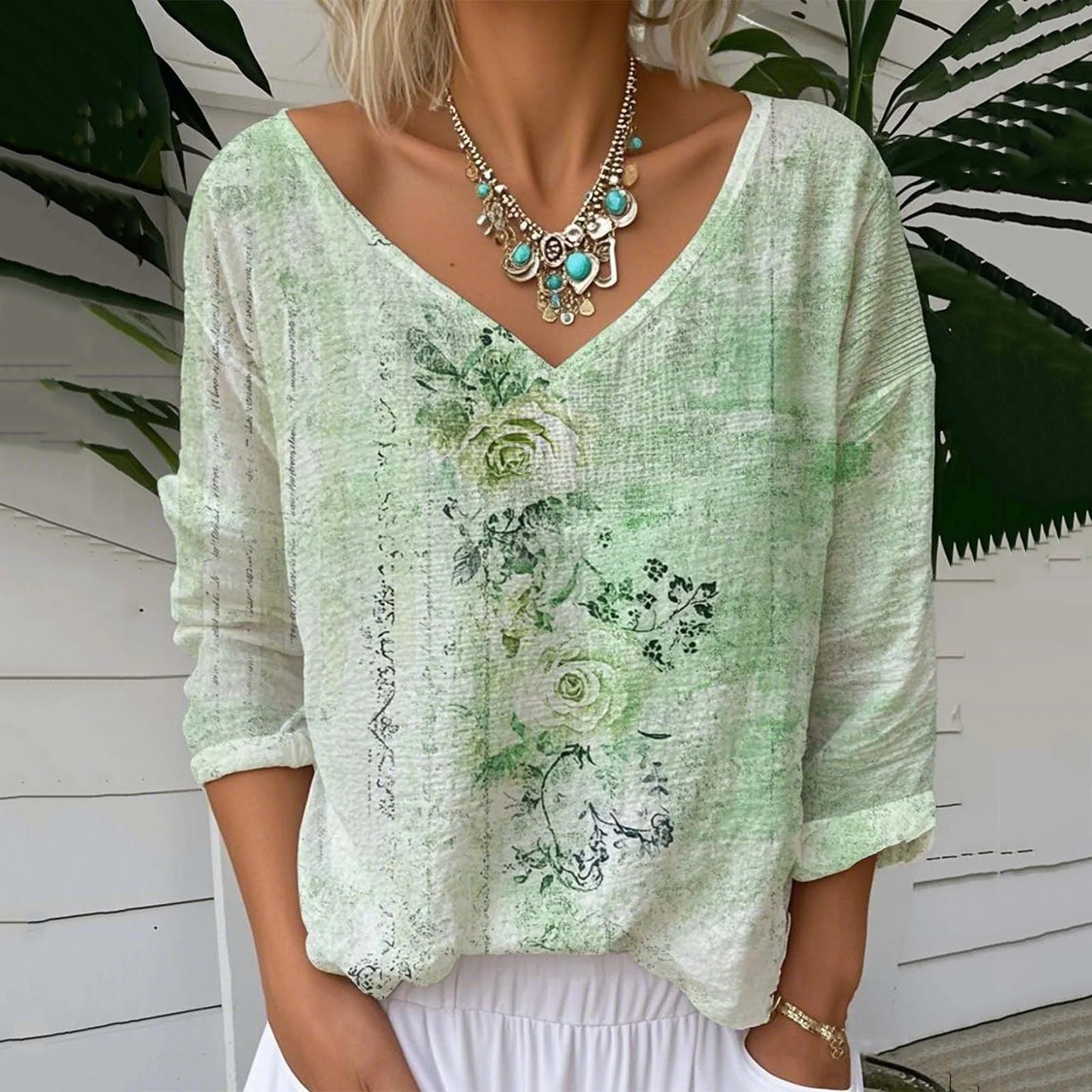 Women's Vintage Floral Print V-neck Loose Linen Blend T-shirt artswardrobe
