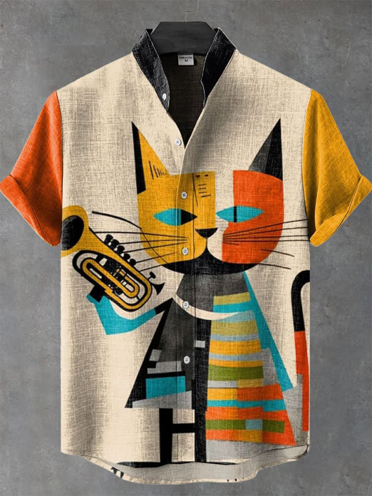 Vintage Bright Contrasting Color Art Print Of Cat Playing Music Casual Shirt elevenforest