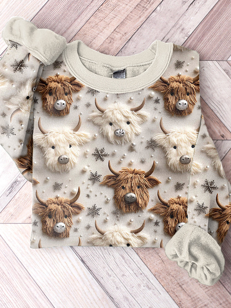 Highland Cow & Christmas Snowflake Casual Cozy Sweatshirt artswardrobe