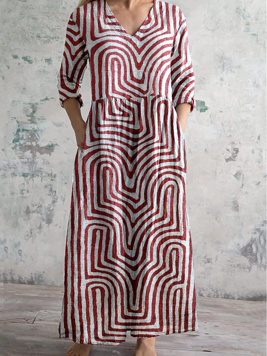 Women's V-Neck Retro Geometric Pattern Cotton And Linen Dress