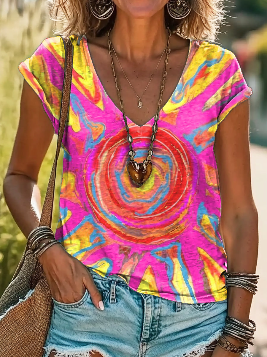 Women's Vivid Sun Art Print V-Neck Cotton T-Shirt