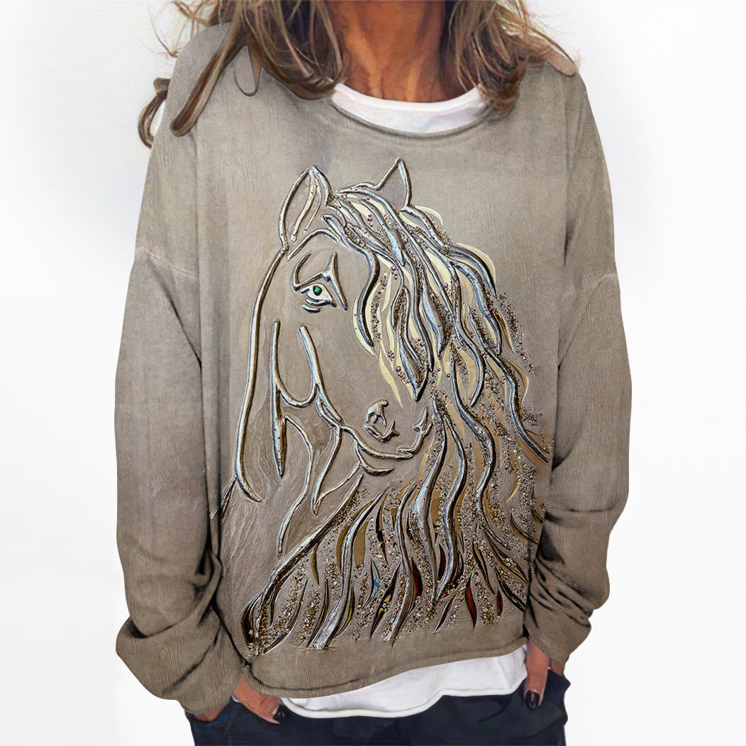Comstylish Retro Western Gold Stamped Horse Print Casual Sweatshirt