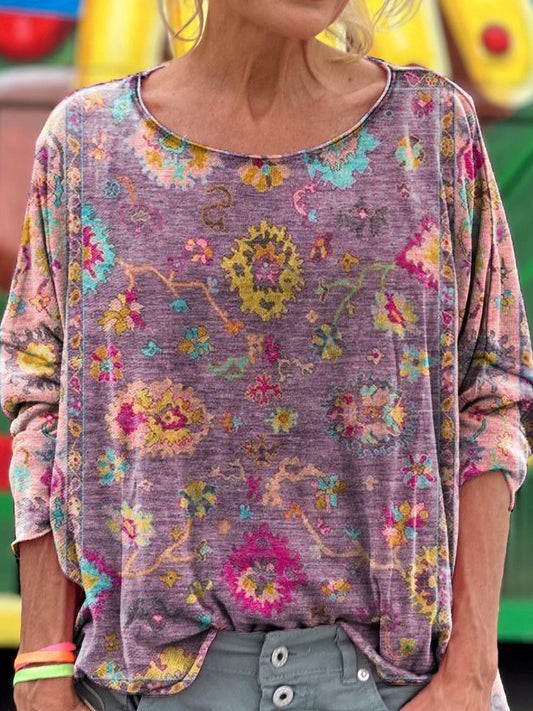 Vintage Ethnic Pattern Art Print Casual Long Sleeve T-Shirt