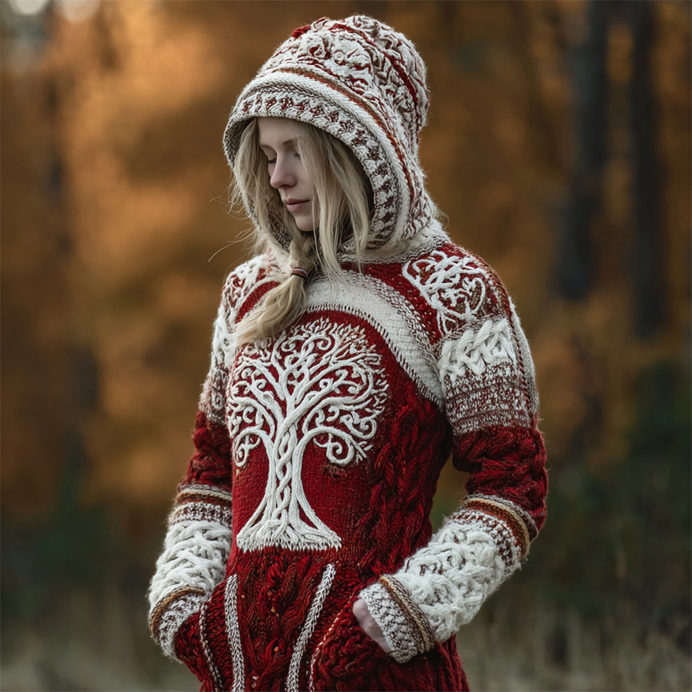 Christmas Viking Tree Of Life Women's Knit Hooded Sweater artswardrobe