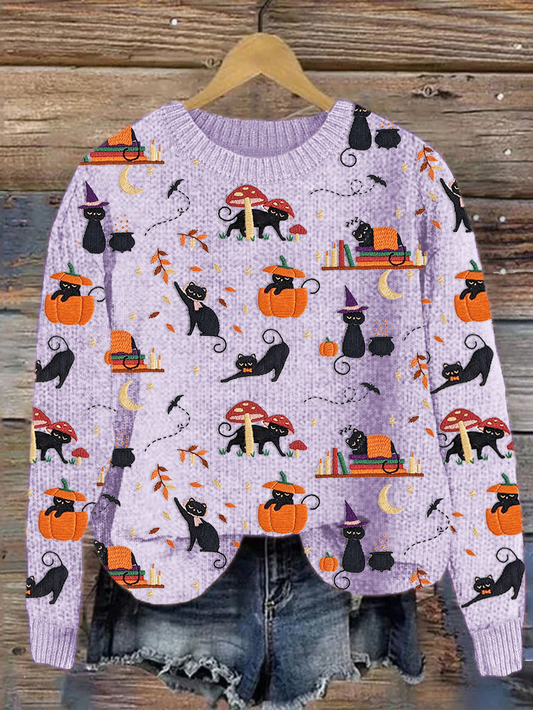 Black Cat Pumpkin Embroidery Pattern Knit Sweater artswardrobe