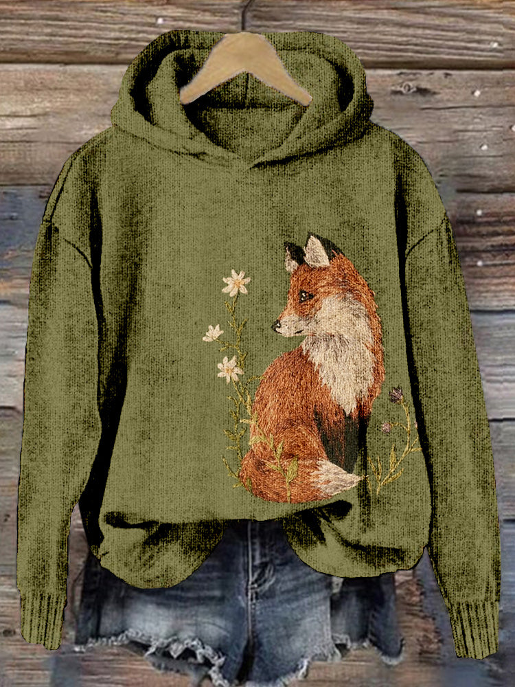 Cute Fox with Flower Embroidery Art Cozy Knit Hoodie artswardrobe