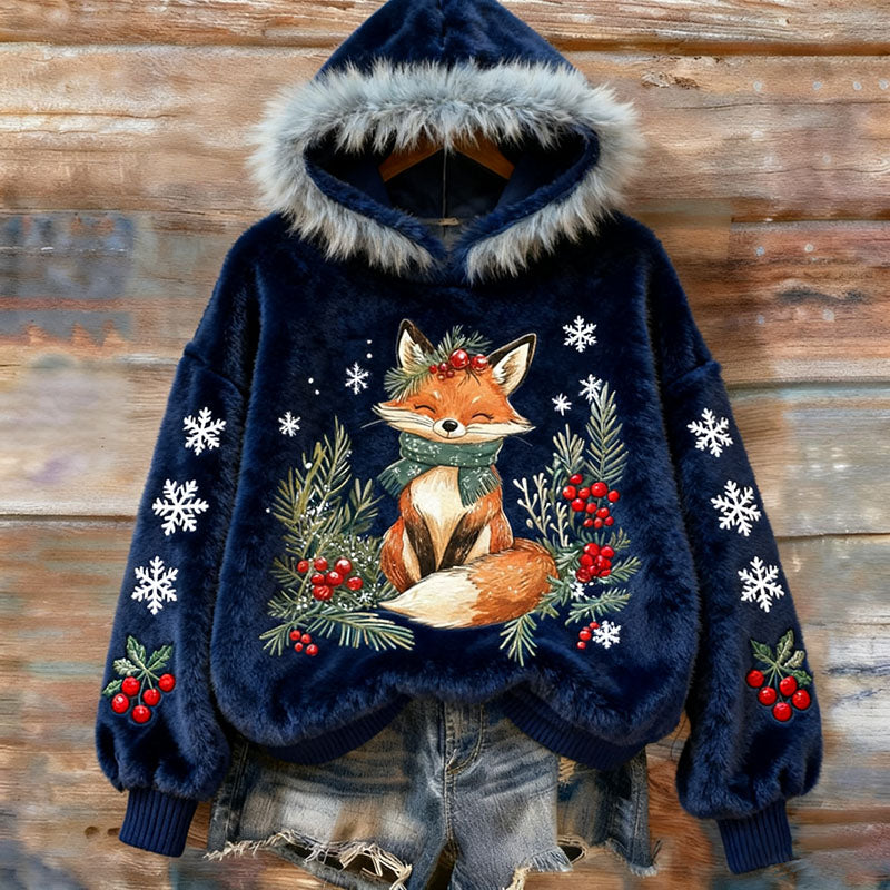 Vintage Christmas Winter Cute Fox Art Women's Cozy Plush Sweater Hoodie artswardrobe