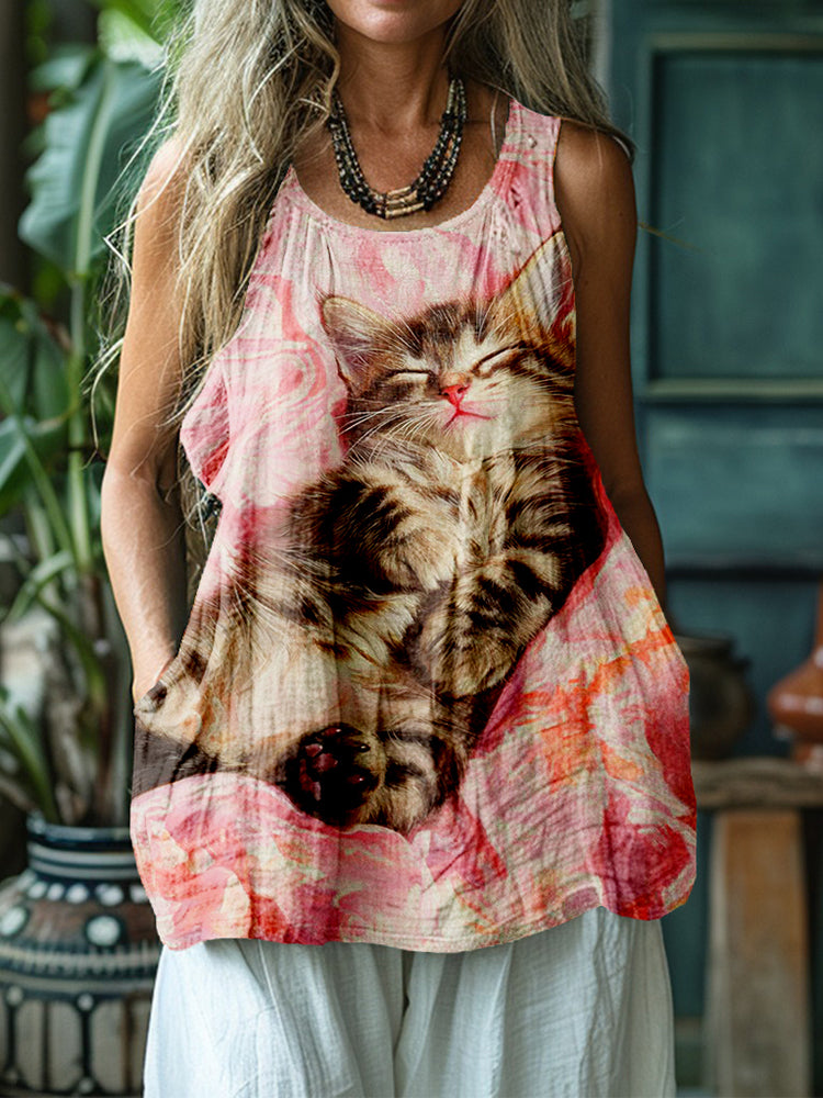 Comstylish Cute Cat Print Vintage Cozy Linen Tank Top