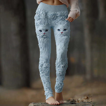 Comstylish Vintage Cute Cat Face With Roses Art Embroidered Cozy Knit Leggings