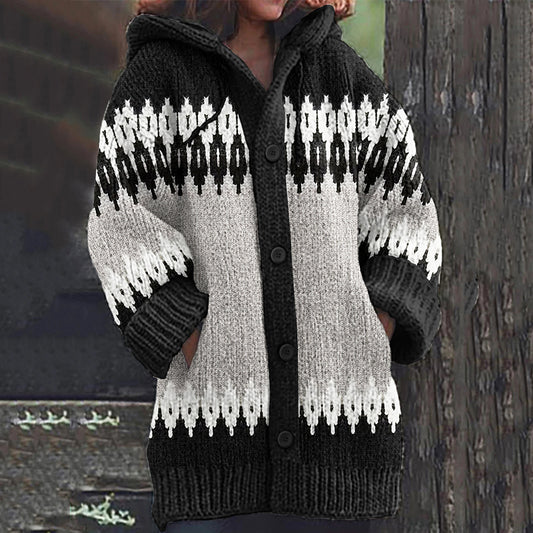 Vintage Contrast Jacquard Color Block Button Down Cozy Sweater elevenforest