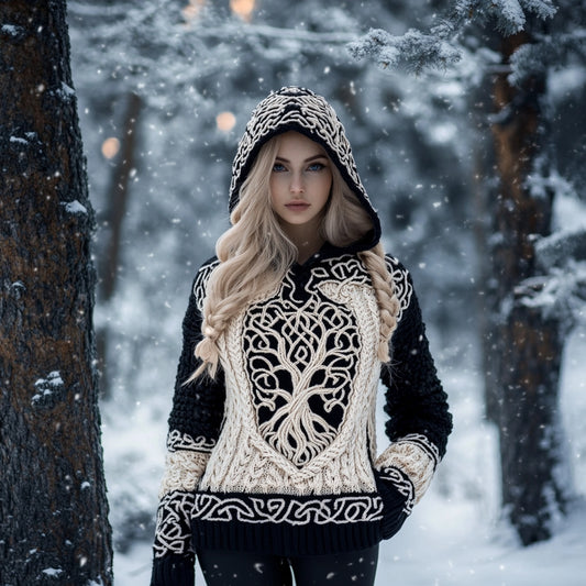 Women's Viking Tree Of Life Jacquard Cozy Knit Hooded Sweater elevenforest