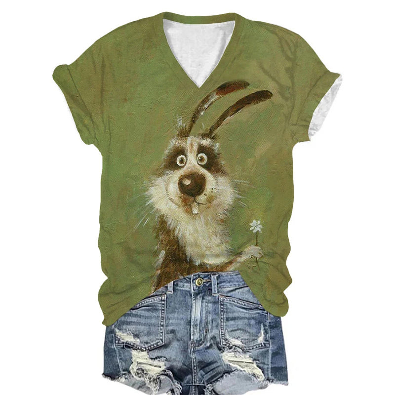 Women's Watercolor Rabbit Print V-Neck T-Shirt artswardrobe