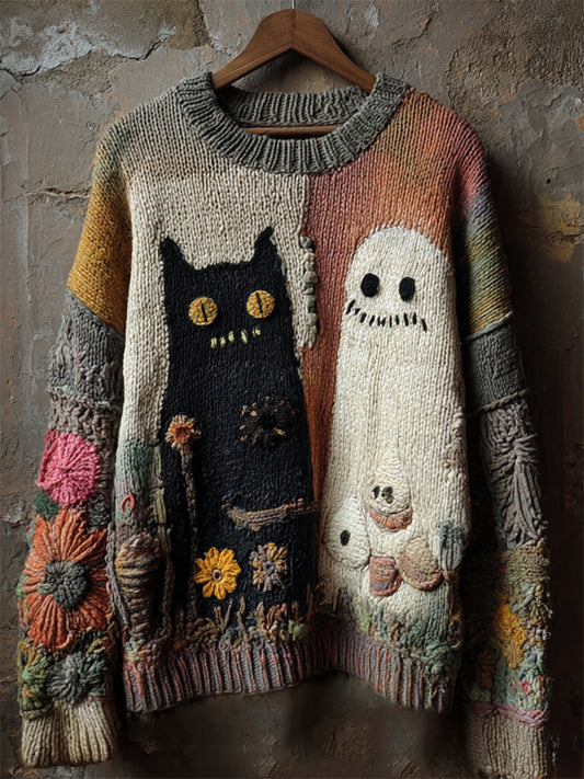 Halloween Ghost & Black Cat Floral Colorblock Cozy Knit Sweater artswardrobe