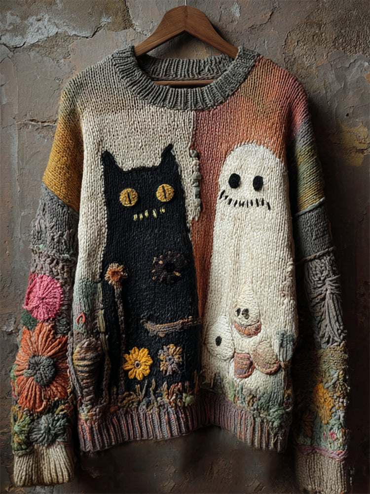 Halloween Ghost & Black Cat Floral Colorblock Cozy Knit Sweater elevenforest