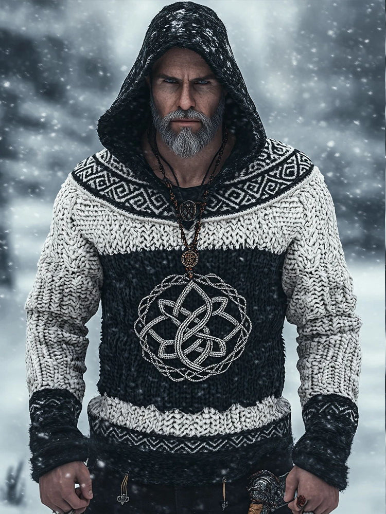 Men's Viking Celtic Knot Jacquard Cozy Knit Hooded Sweater artswardrobe