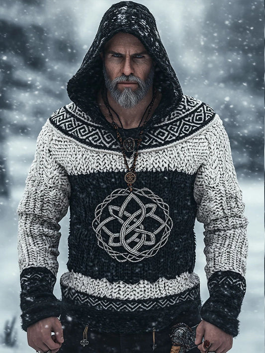 Men's Viking Celtic Knot Jacquard Cozy Knit Hooded Sweater artswardrobe