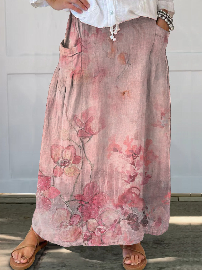 Women's Vintage Floral Art Print Linen Pocket Skirt