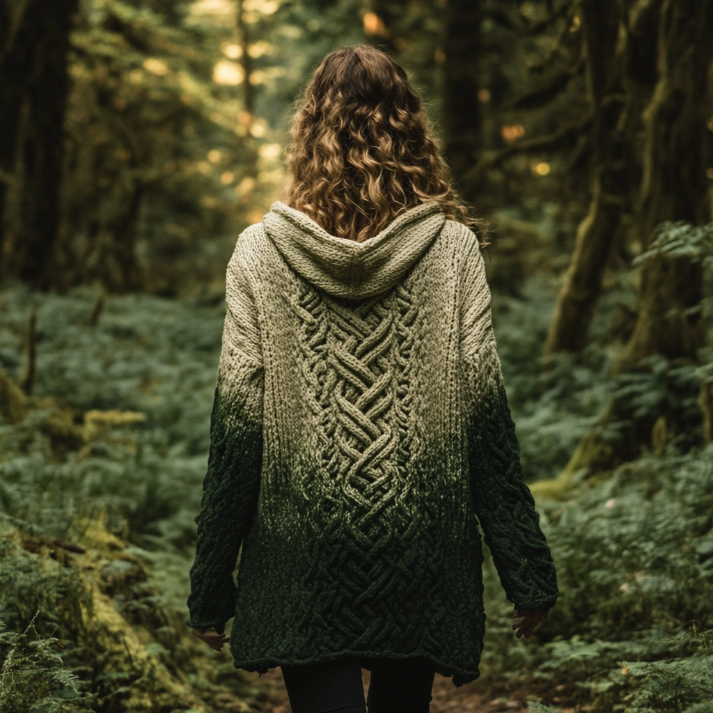 Women's Gradient Celtic Knot Retro Chunky Knit Hooded Cardigan elevenforest