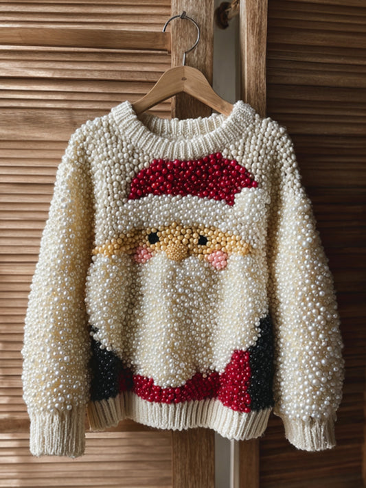 Santa Claus Embroidered Pearl Crew Neck Sweater artswardrobe