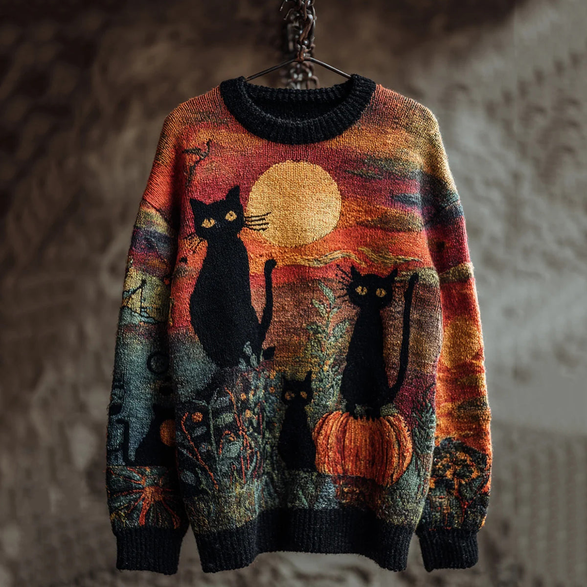 Retro Halloween Pumpkin Black Cat Print Knit Pullover Sweater elevenforest