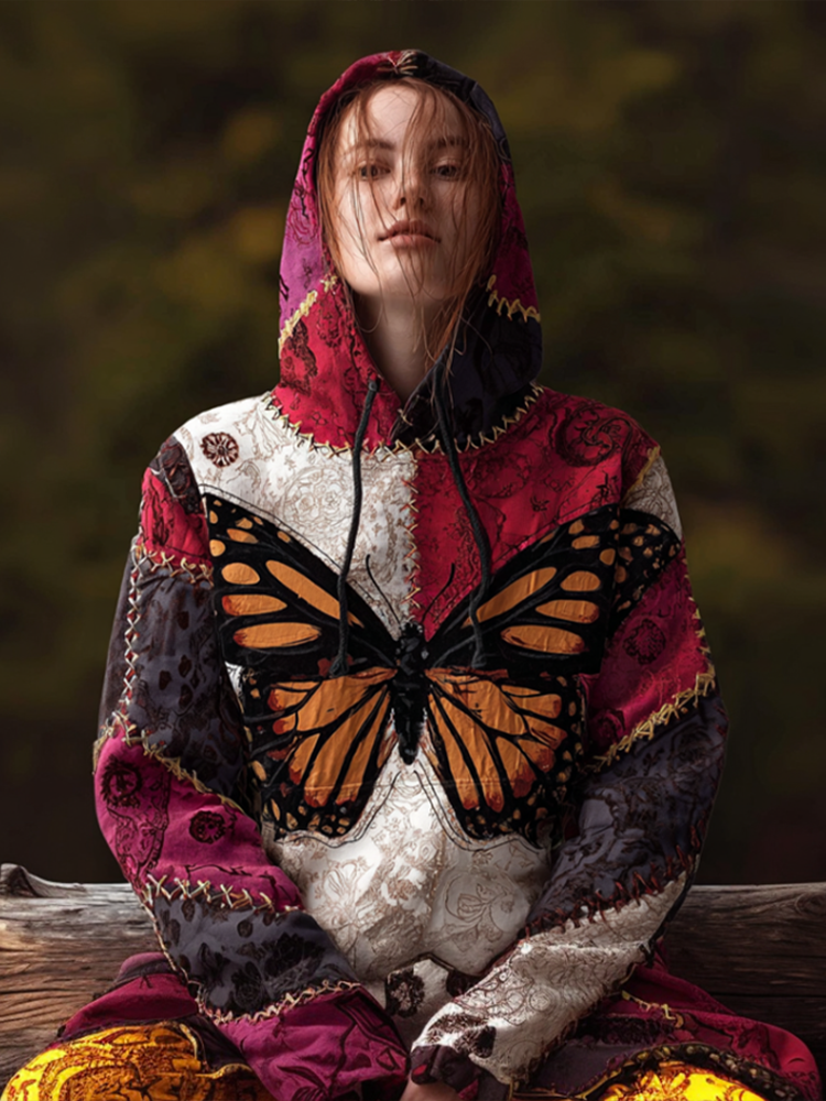 Comstylish Butterfly Pattern Embroidery Women's Color-blocked Hooded Sweatshirt