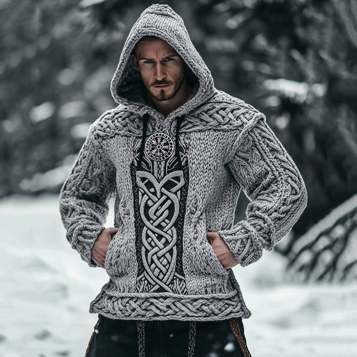 Men's Vintage Viking Runes Celtic Cozy Chunky Hooded Sweater artswardrobe