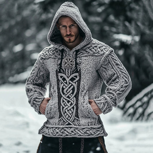 Men's Vintage Viking Runes Celtic Cozy Chunky Hooded Sweater artswardrobe
