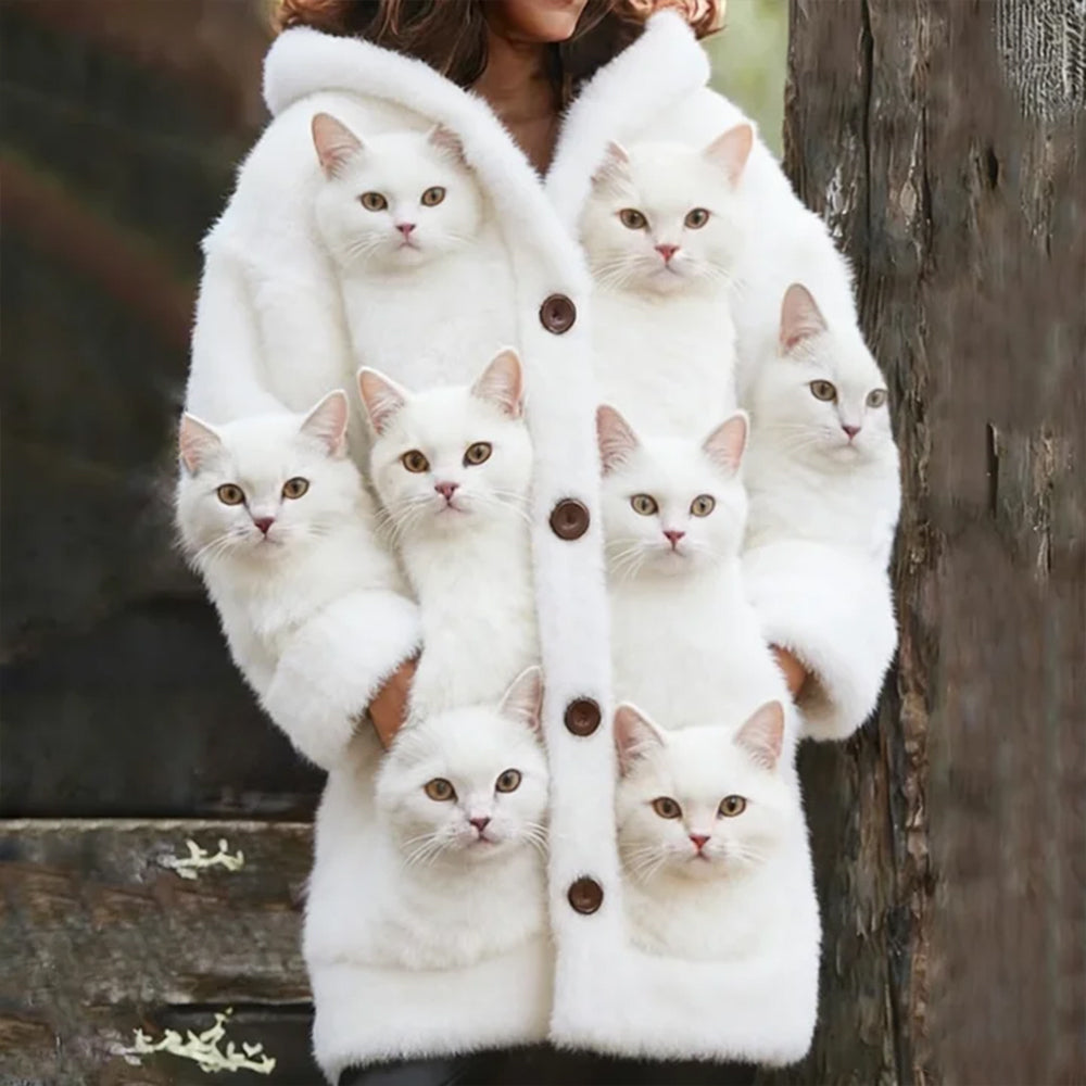 Comstylish Probe Cat Fleece Hooded Cardigan Long Sweater
