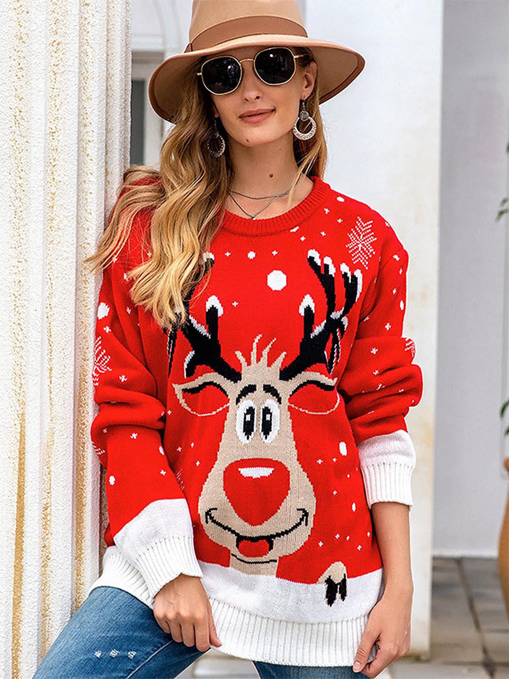 Francisca® | Oversized Christmas sweater in jacquard knit with a reindeer pattern