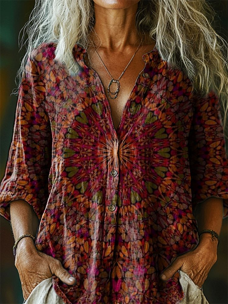 Women's Vintage Mandala Tattoo Pattern Art Print Casual Cotton Linen S