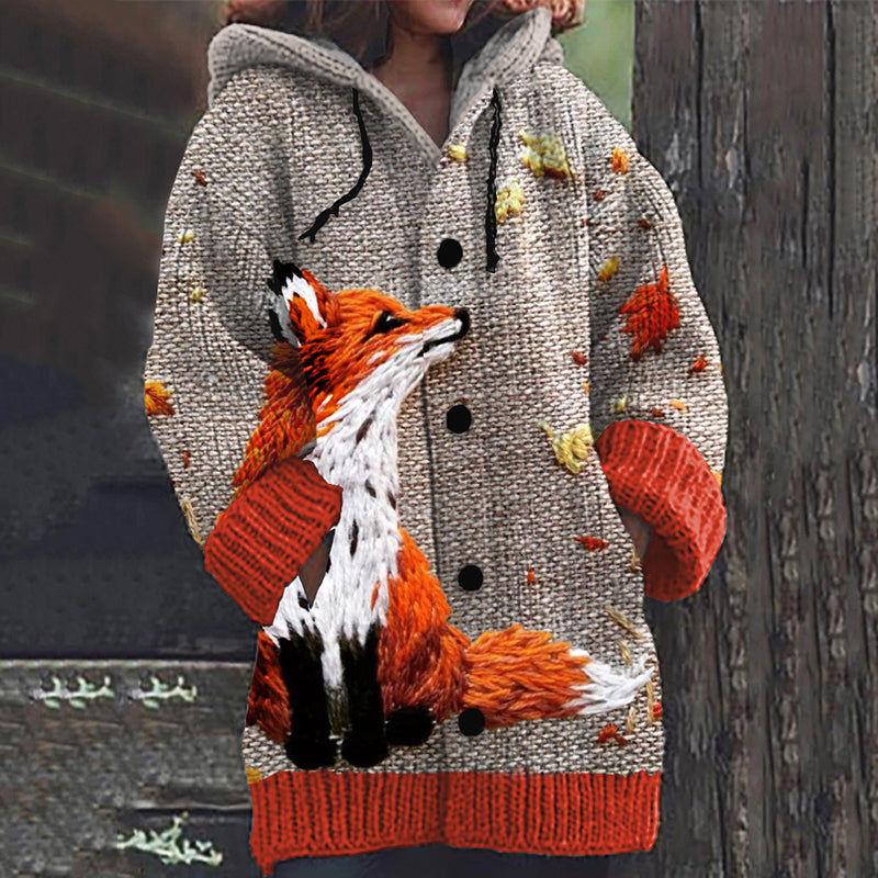 Forest Fox Fallen Leaves Embroidery Art Cozy Hooded Cardigan artswardrobe