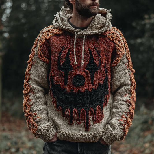 Men's Halloween Devil Smiling Face Color-blocked Warm Knitted Hooded Sweater artswardrobe
