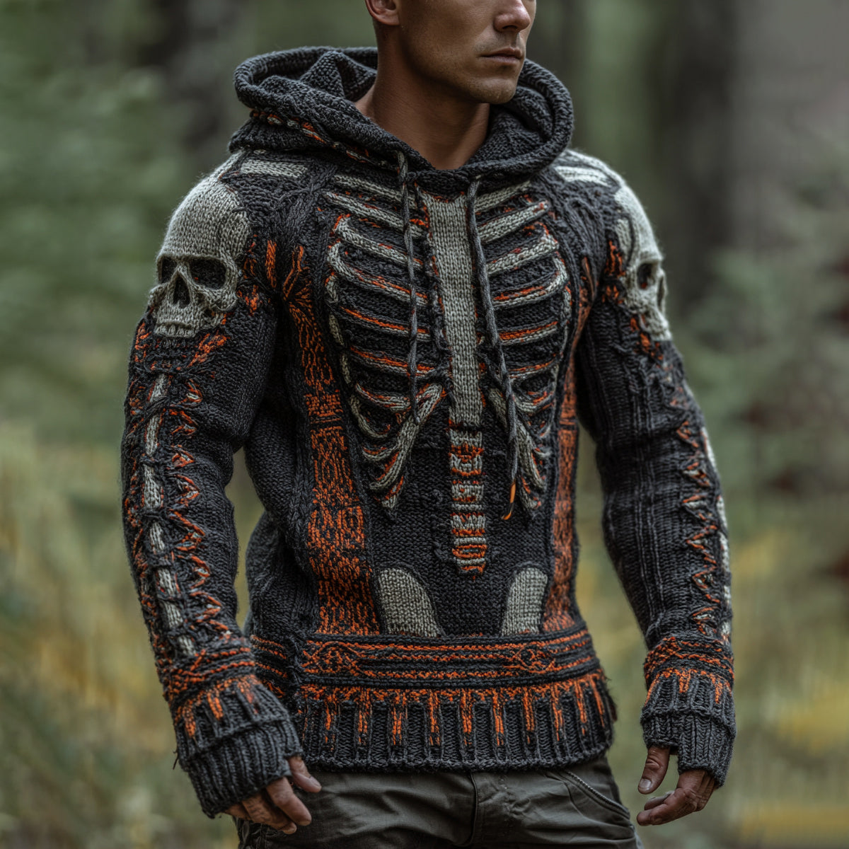 Men's Vintage Halloween Skull Art Casual Knit Hooded Sweater artswardrobe