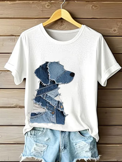 Comstylish Women's Retro Funny Denim Patch Animal Dog Print T-shirt