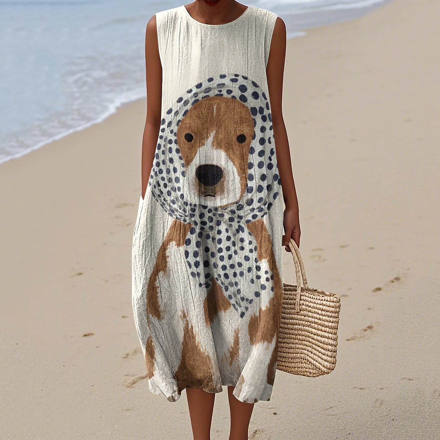 Cute Dog Art Linen Tank Midi Dress artswardrobe