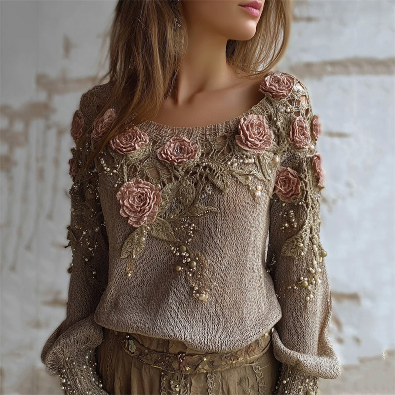 Vintage Roses Pearls Embroidered Cozy Knit Sweater elevenforest