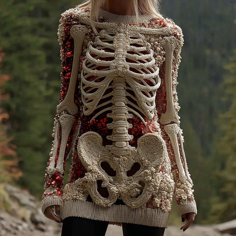 Women's Halloween Skeleton And Gem Art Gothic Knit Mini Sweater Dress artswardrobe