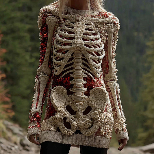 Women's Halloween Skeleton And Gem Art Gothic Knit Mini Sweater Dress artswardrobe