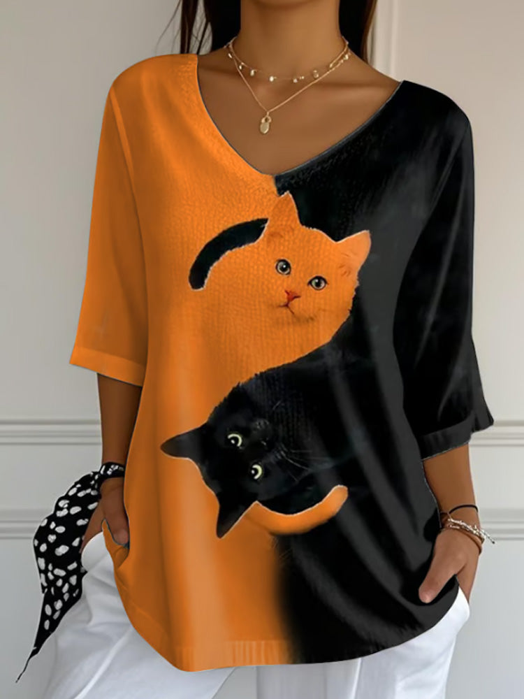 Women's Autumn Cat Printed T-shirt