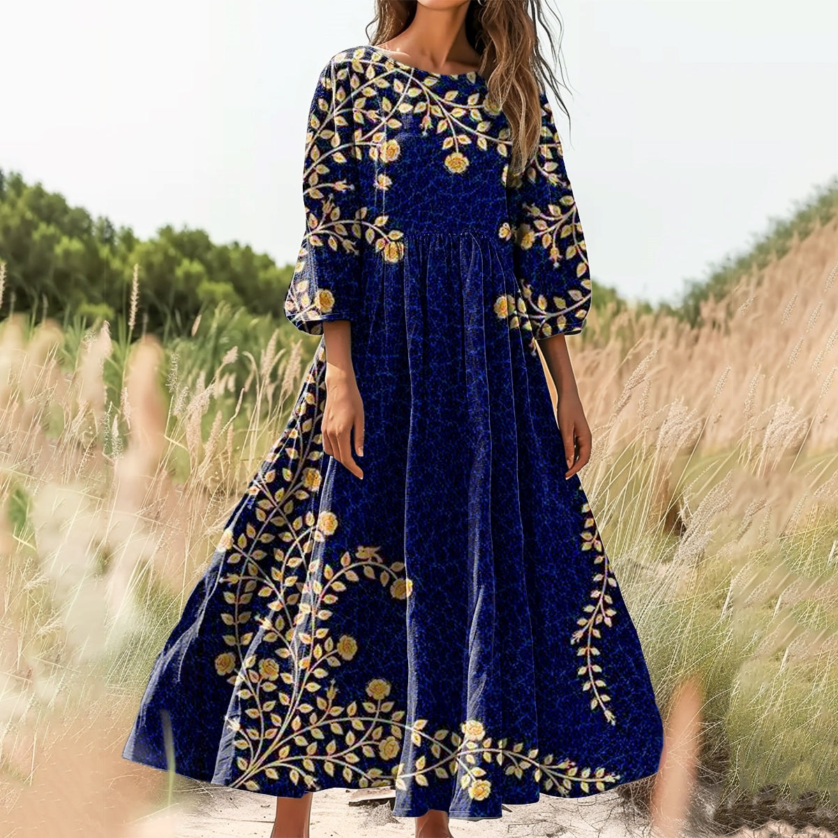 Women's Floral Art Print Cotton Crew Neck Dress