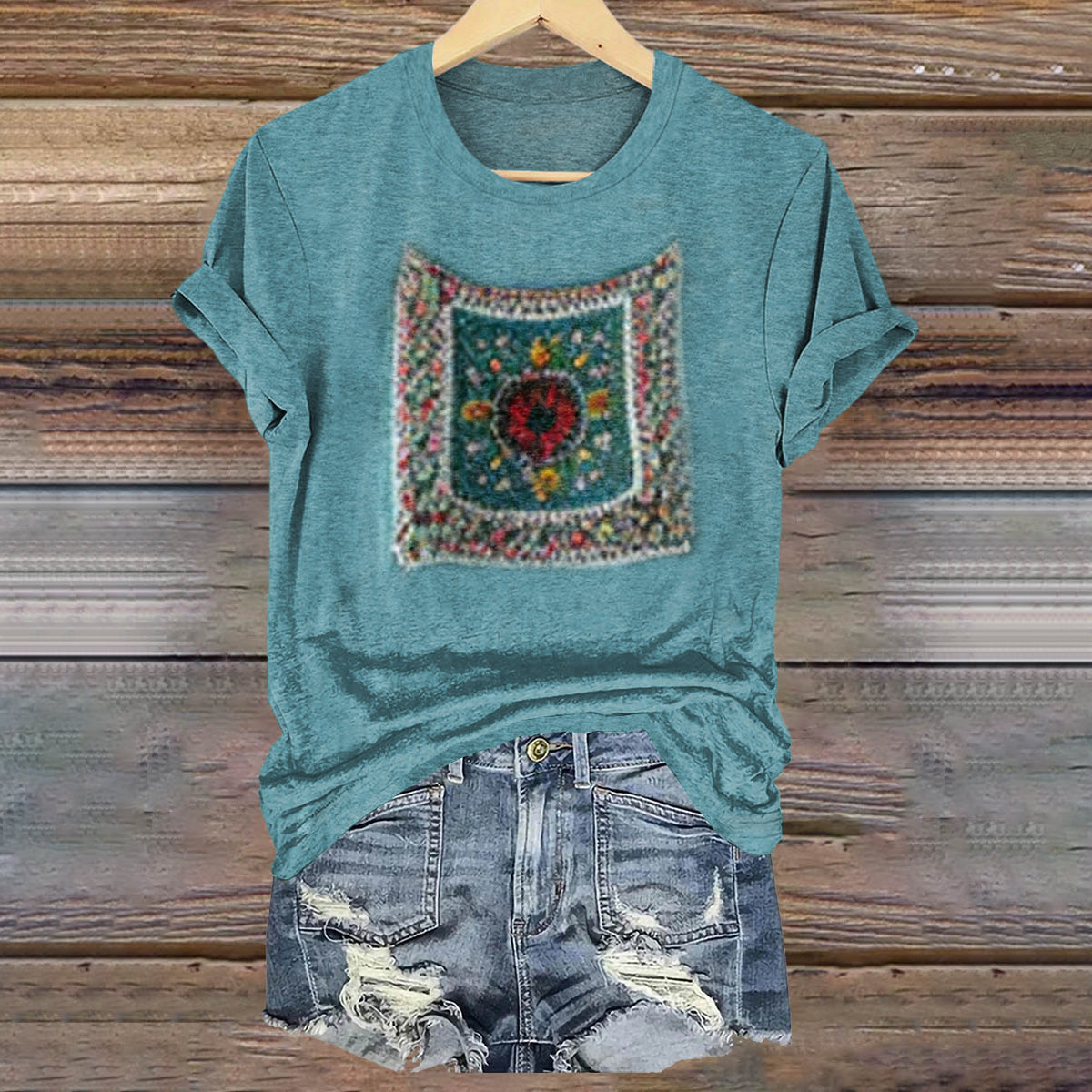 Vintage Ethnic Floral Art Print Casual T-Shirt