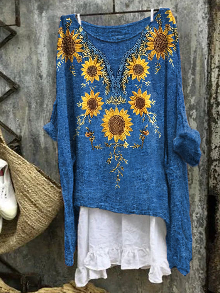 Comstylish Sunflowers Embroidered Linen Blend Shirt