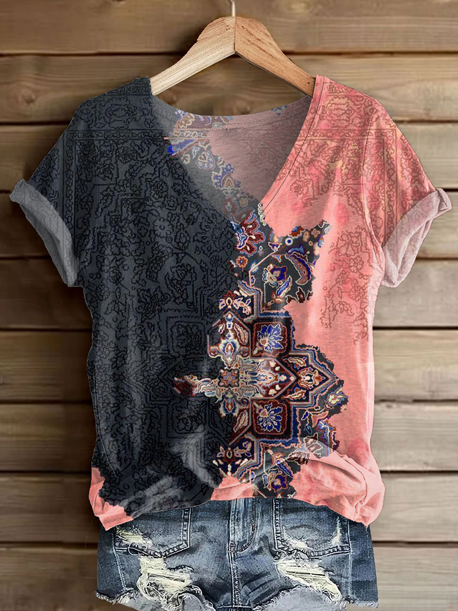 Women's Vintage Ethnic Floral Art Print V-neck Casual T-Shirt