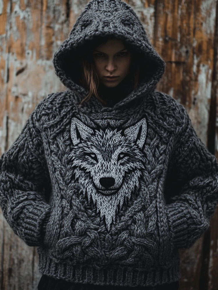 Vintage Wolf Inspired Viking Celtic Jacquard Chunky Hooded Sweater elevenforest