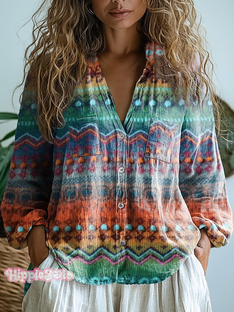 Women's Colorful Folk Pattern Casual Long Sleeve Comfortable Cotton Sh
