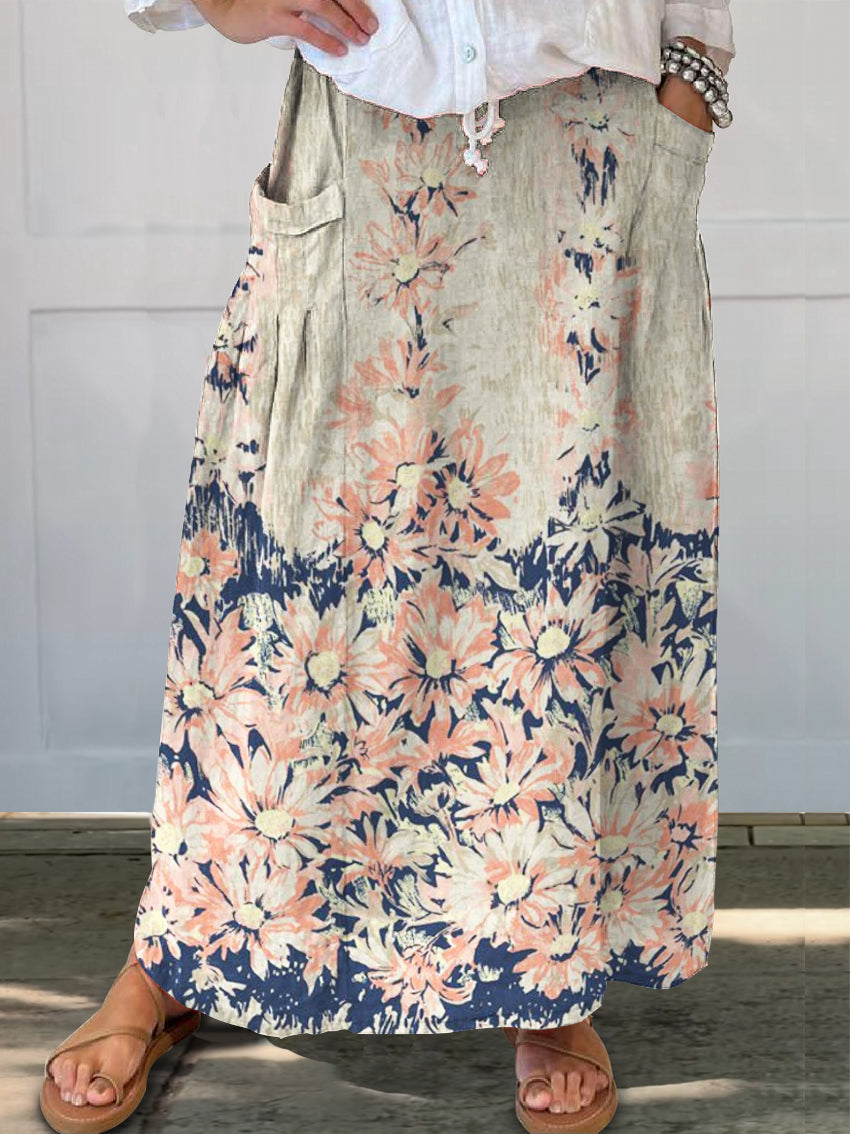 Women's Ethnic Flower Print Linen Pocket Skirt