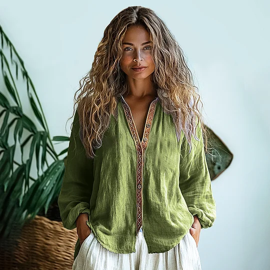 Comstylish Bohemian Style Linen Print Long Sleeve Shirt